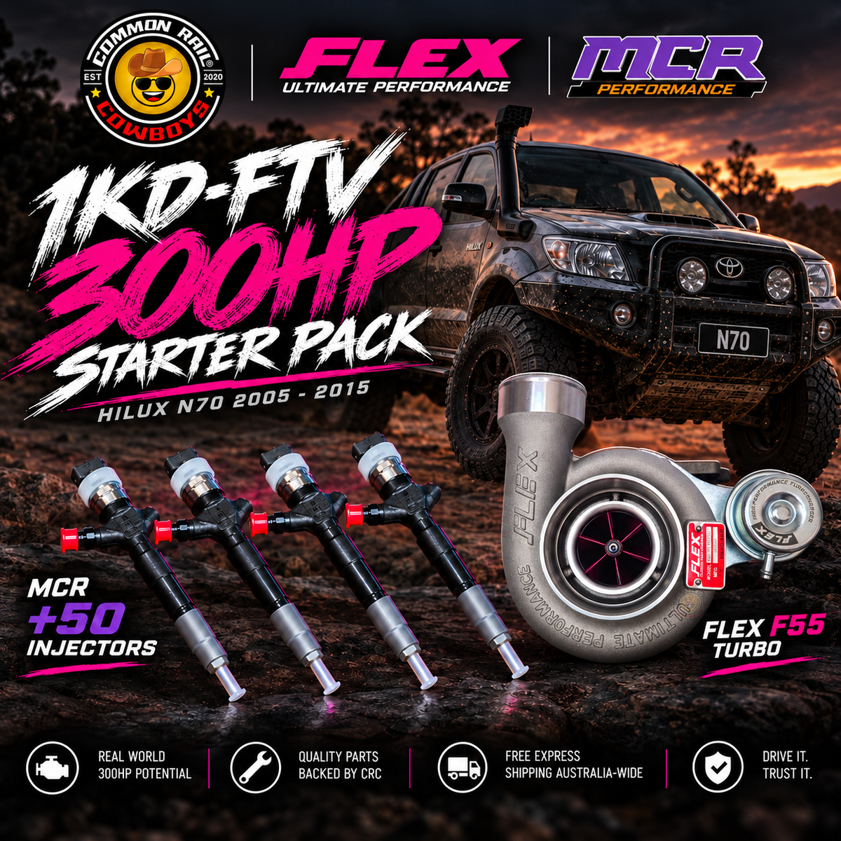1KD-FTV 300HP Starter Pack | Flex F55 Low Mount + MCR +50 Injectors | Hilux N70 & Prado