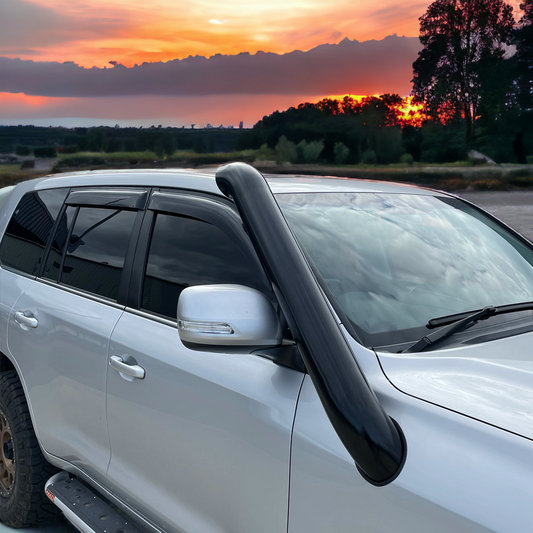 LandCruiser 200 Series 5-inch Phat Bars stainless snorkel installed on vehicle showing mounting position.