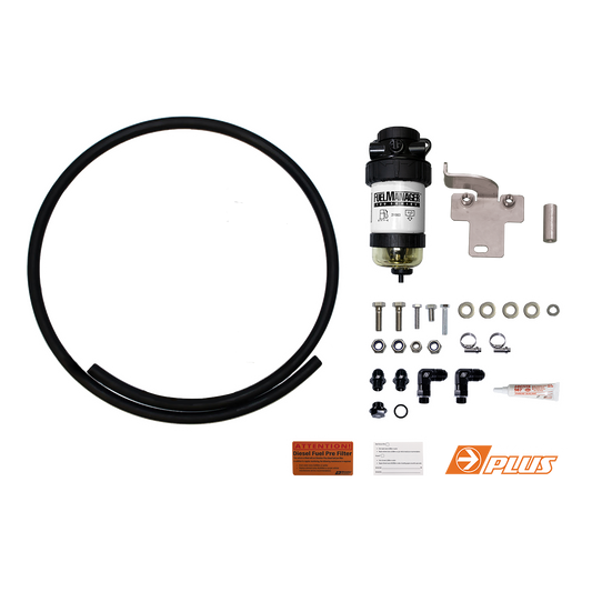 Fuel Manager FM625DPK pre-filter for LC70 Series installed in engine bay, showing filter mounting position.