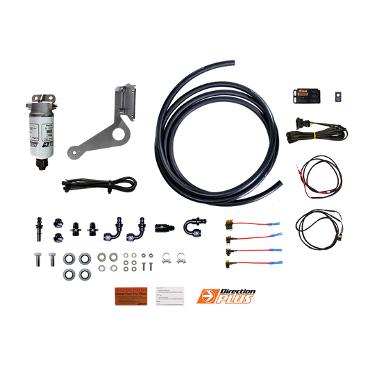 Ford Ranger Next Gen pre-filter kit with in-cab alarm from Direction Plus, showing the pre-line filter components and alarm system.