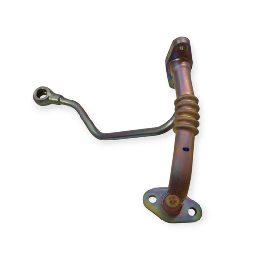 Toyota 1KD Turbo oil feed and drain pipes, genuine parts, close-up of the metal pipes with fittings and watermarked background