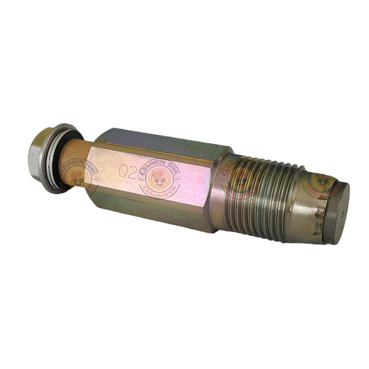 Denso 4JJ1 rail pressure relief valve for Isuzu diesel engine, showing the compact metal valve with connection ports.