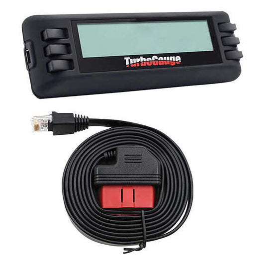 Turbogauge OBD2 scanner device displaying diagnostic data on a digital screen, used for vehicle engine analysis and fault codes.