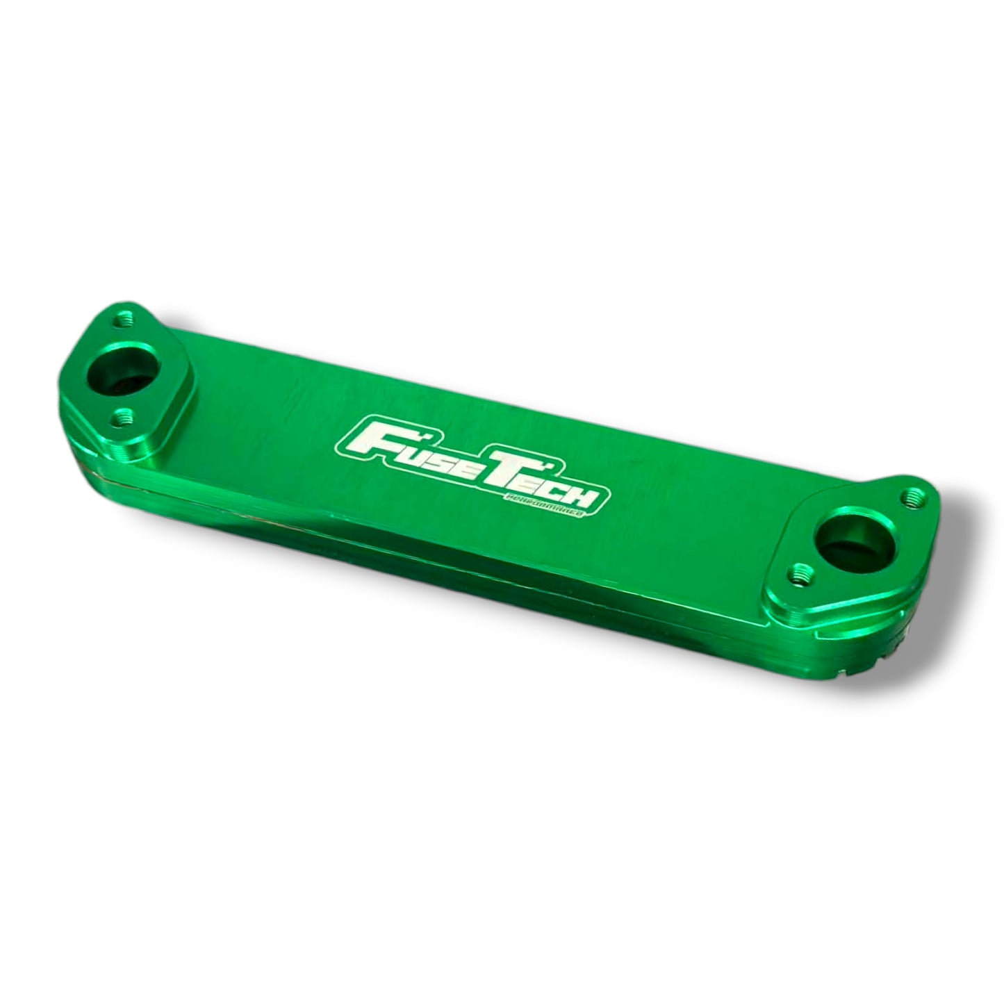 FuseTech Performance billet aluminum oil cooler upgrade with fins and fittings, designed for enhanced engine cooling.