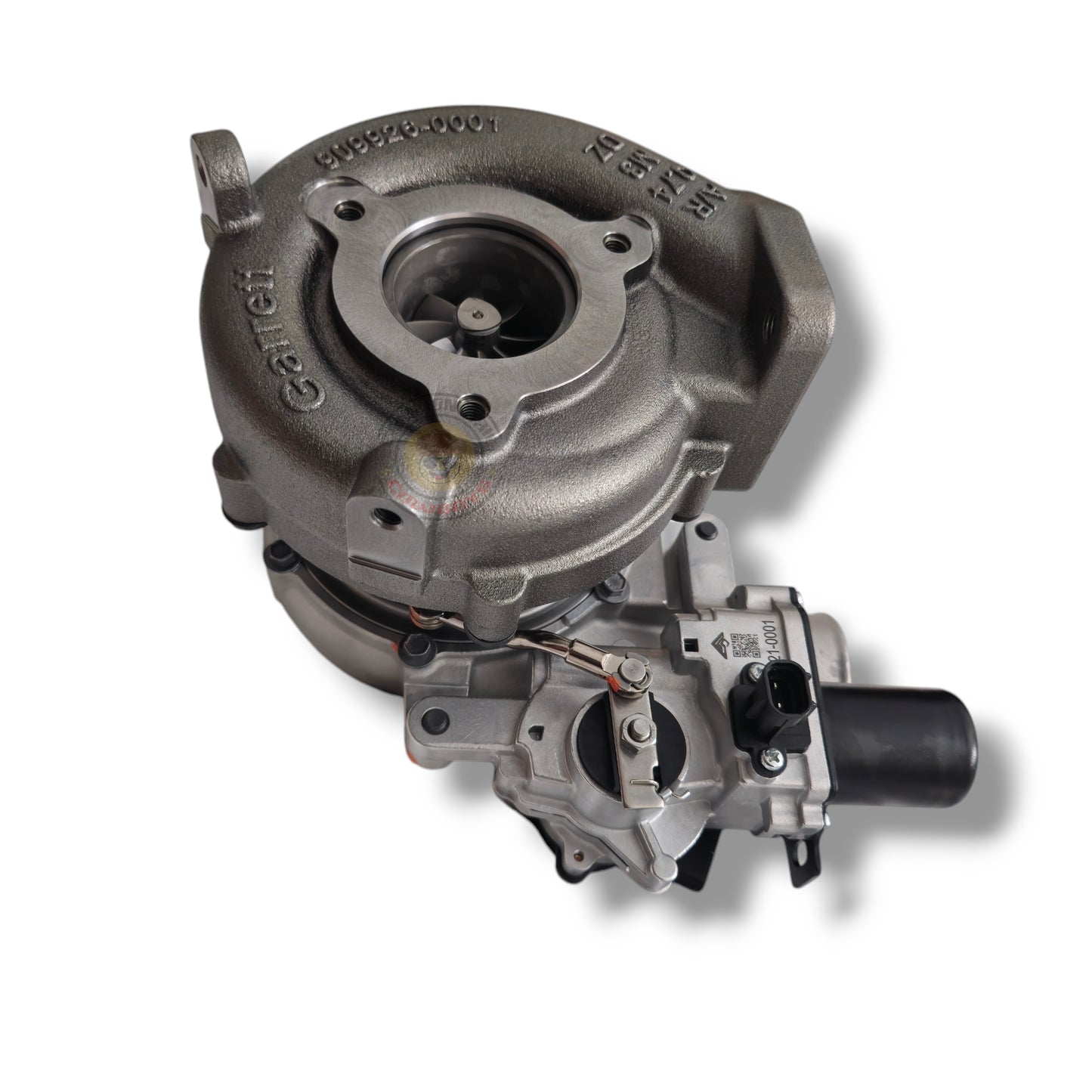 Garrett 1KD turbocharger for Hilux and Prado 120, drop-in replacement, showing the compact turbo unit with visible compressor and turbine housings.