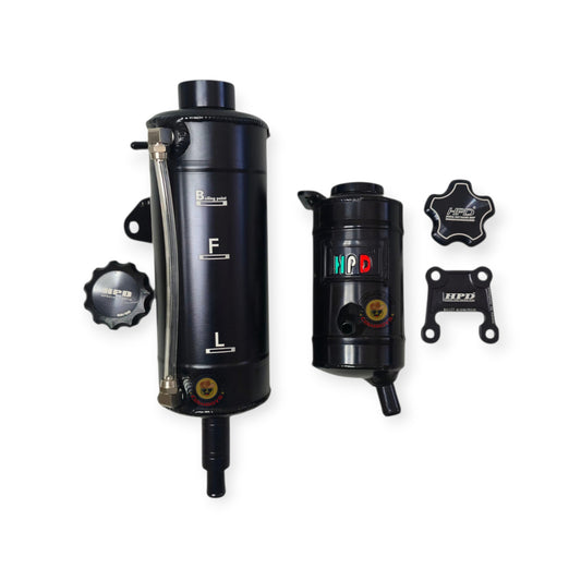 HPD N70 Hilux coolant bottle and power steering reservoir kit, showing the black plastic reservoirs with hoses and caps.