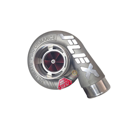 Flex F66 Turbo turbocharger with metal housing and inlet/outlet ports, designed for high-performance automotive applications.