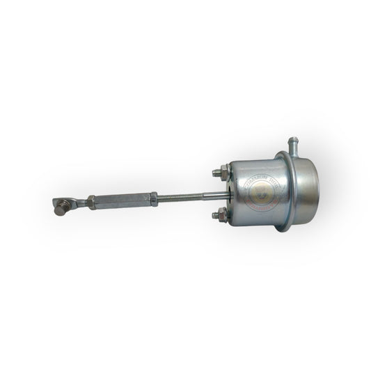 Common Rail Cowboys 25 PSI Wastegate Actuator for F44 and F55 turbochargers, showing the metal housing and adjustment screw.