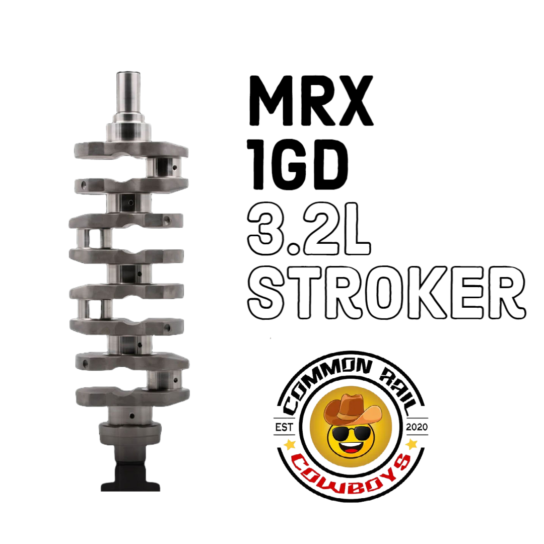MRX 1GD 3.2L Stroker Crankshaft showing detailed metal construction and machining features.