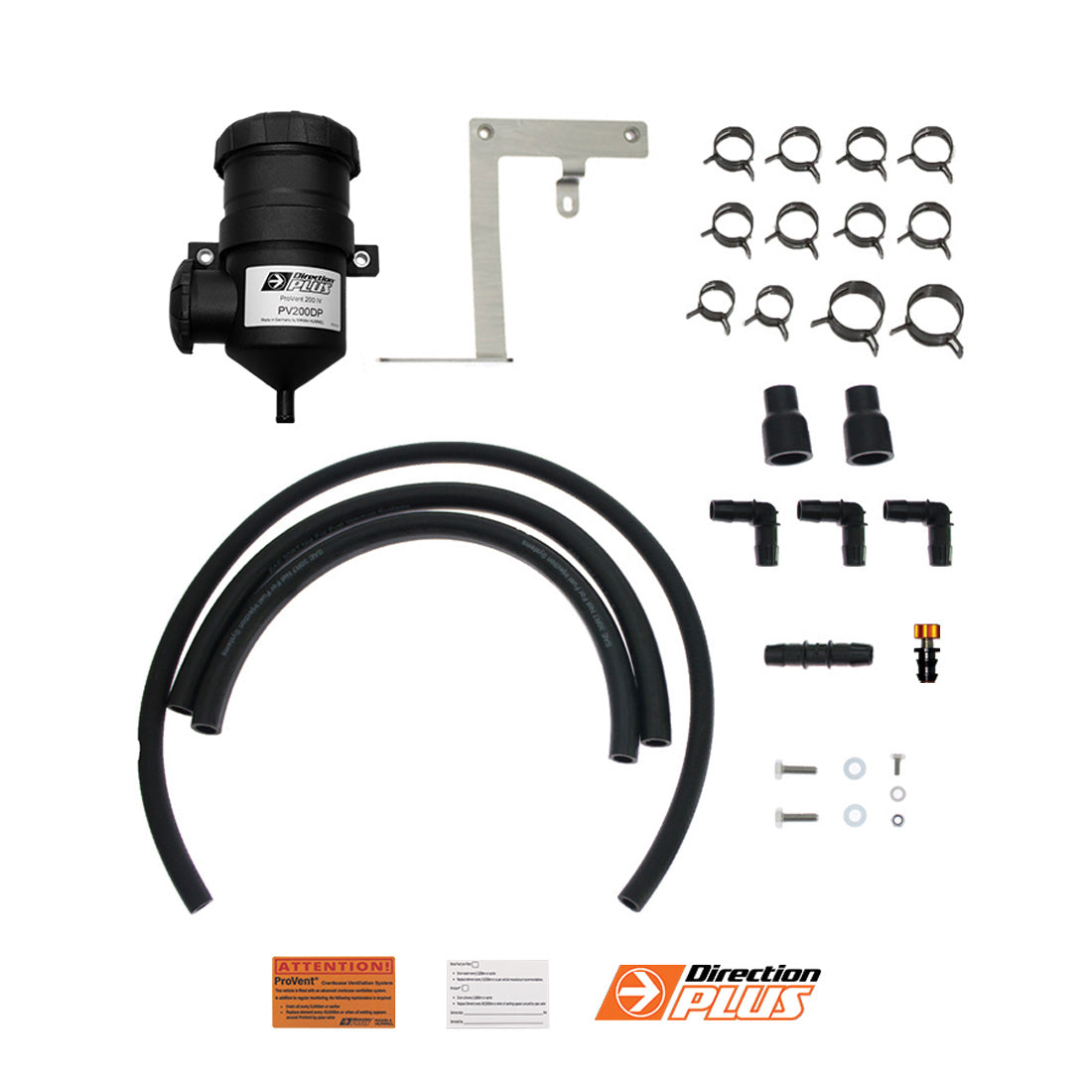 Direction Plus Prado 150 Pre-Filter and Catch Can combo kit with in-cab alarm, including dual filter components and installation parts.