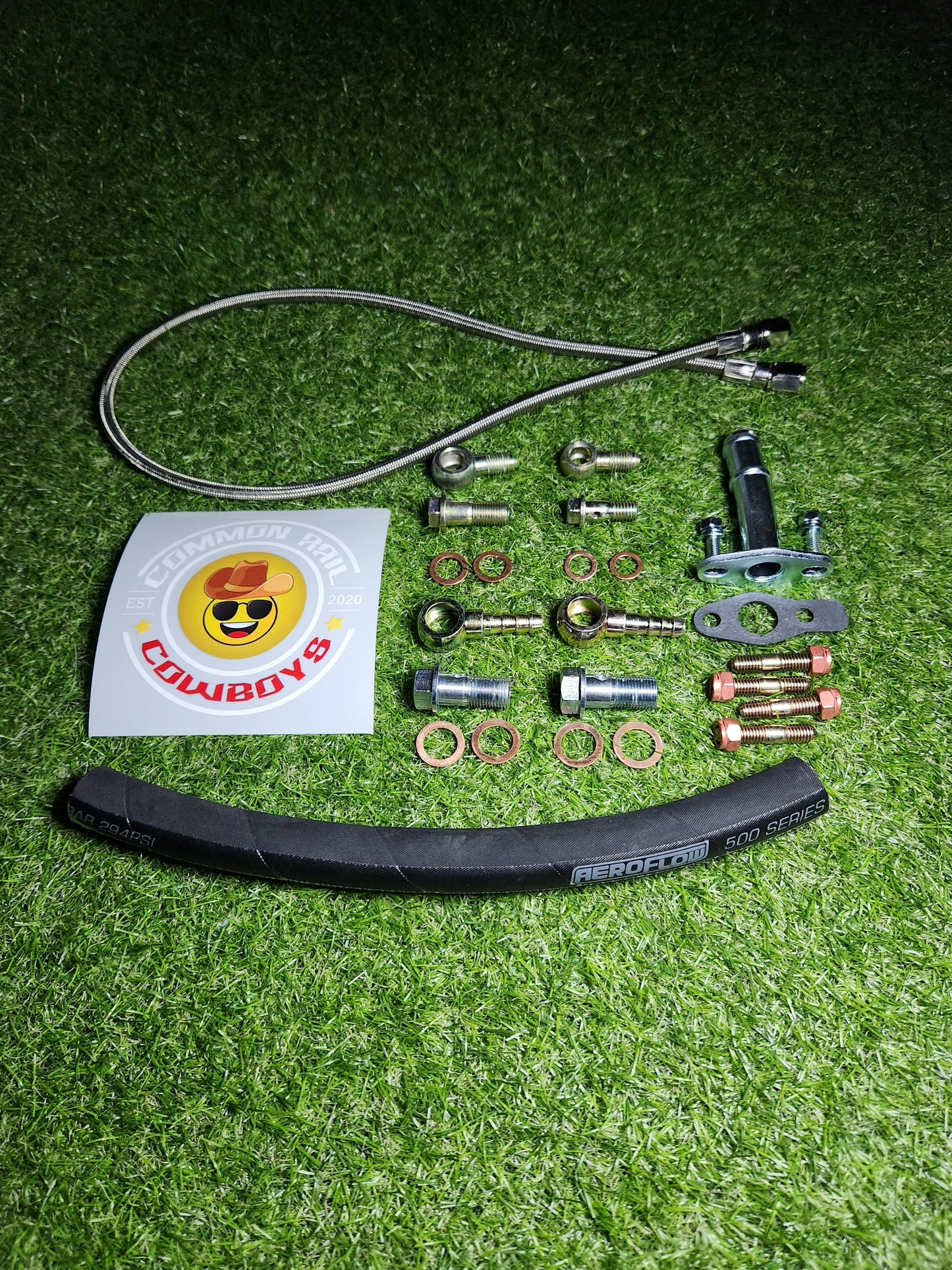 PPRC 44mm low-mount turbo fitting kit for 1KD, showing oil feed and drain fittings for PKS/F44 turbo installation.