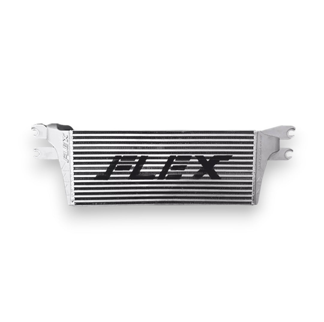 Flex 4JJ3 intercooler for D-MAX MU-X and BT-50, bolt-on design, with 80 PSI capacity, shown installed in a vehicle.