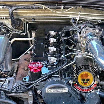 Black coloured aluminium rocker cover with red HPDN80 oil cap for diesel engine, by Common Rail Cowboys.
