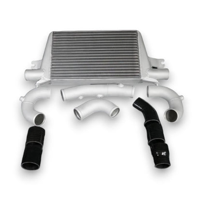 High Performance Diesel HPD N80 front mount intercooler upgrade kit installed on a 2015-2020 vehicle, showcasing the intercooler and piping.