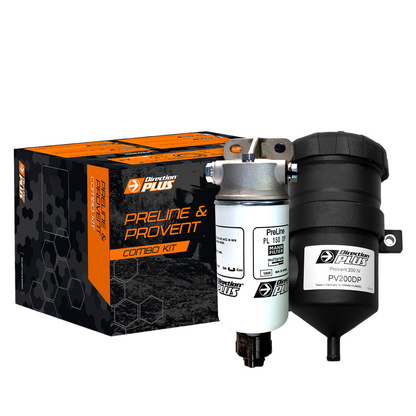 NP300 pre-filter and catch can kit by Direction Plus, with in-cab alarm, showing the dual filter and catch can components.