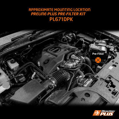 Ford Ranger Next Gen pre-filter with in-cab alarm from Direction Plus, showing the PL671DPK mounting location and installation details.