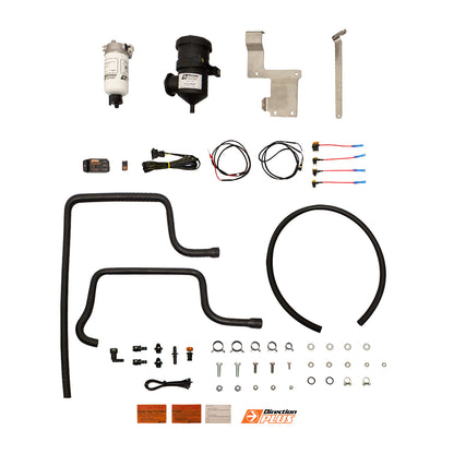 Direction Plus NP300 pre-filter and catch can kit with molded hoses, dual filter setup, and in-cab alarm system.