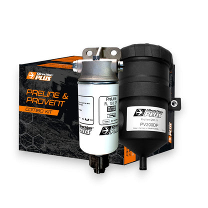 Direction Plus Prado 150 Pre-Filter and Catch Can combo with in-cab alarm, installed in vehicle engine bay for filtration and monitoring.