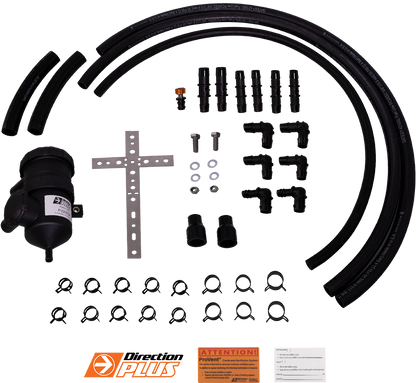 Universal ProVent Ultimate Catch Can Kit by Direction Plus, featuring durable catch cans with hoses and fittings for vehicle engine ventilation.