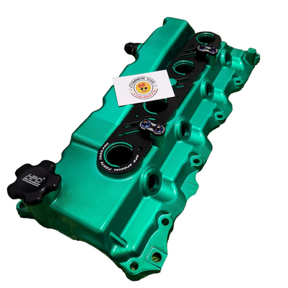 Colored aluminium rocker cover for engine from Common Rail Cowboys, showcasing a sleek, polished finish.