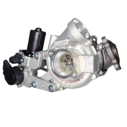 Set of Toyota Landcruiser VDJ200 turbochargers with RHS and LHS, by Common Rail Cowboys, showing metal turbo units with hoses and fittings.
