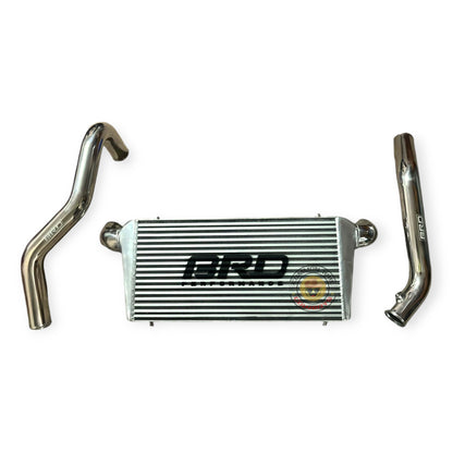 BRD Hilux N70 front mount intercooler for 1KD engine, showing the sleek metal core and mounting brackets.
