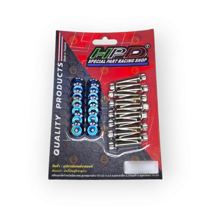HPD Special Parts stainless steel rocker cover bolt and washer set, with bolts and washers for engine maintenance, blurred background image