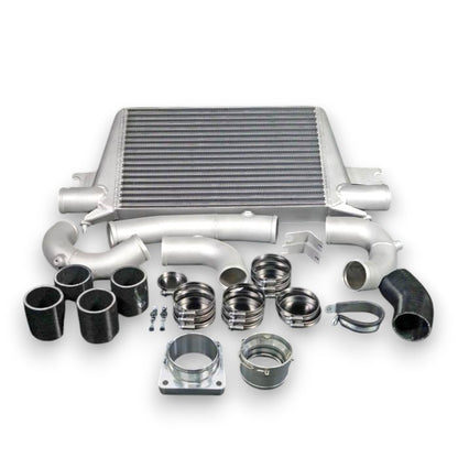 High Performance Diesel HPD N80 front mount intercooler upgrade kit installed on a 2020 vehicle, showcasing the intercooler and piping.