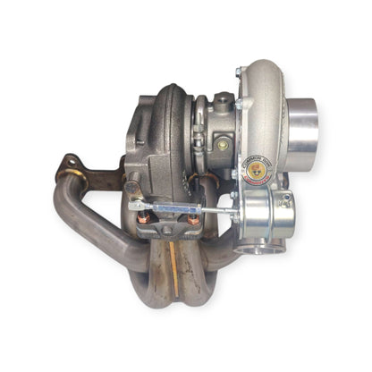 Close-up of Flex F66 52.5mm turbo with PPRC high-mount manifold