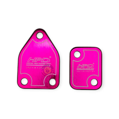 HPD Special Parts 4JJ3 EGR delete plates showing black metal plates with mounting holes for engine EGR system removal