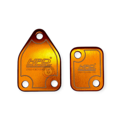 HPD 4JJ3 EGR delete plates for engine EGR system removal, showing sleek metal plates designed for vehicle exhaust modifications.