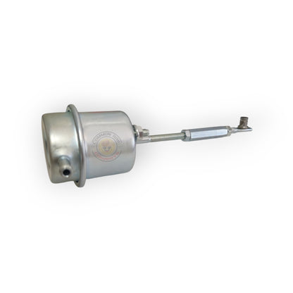 Common Rail Cowboys 25 PSI wastegate actuator for F44 and F55 turbochargers, showing the metal components and adjustment mechanism.