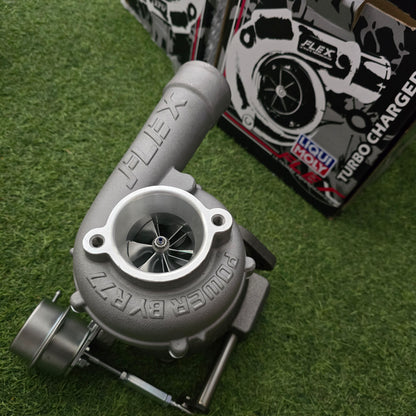 Flex R77 Pro 46mm Turbocharger with 1KD flange, showcasing the turbo's polished metal compressor wheel and durable housing.