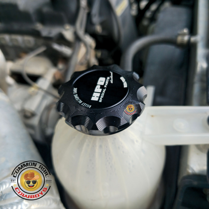 HPD 1KD & 1GD Coolant Reservoir Lid Cover from KD Bling Parts, black plastic with HPD branding for Toyota engines.