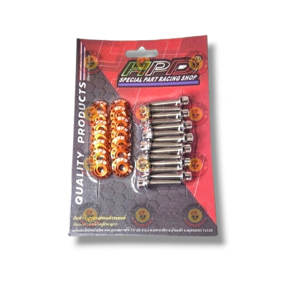 HPD Special Parts stainless rocker cover bolt and washer set, metal components with hex heads and washers for engine assembly.