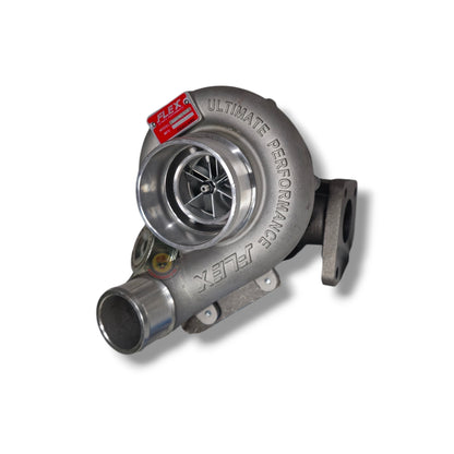 Flex Turbo Bolt-On F55 Turbocharger with metal housing and turbine wheel, designed for high-performance engine upgrades.