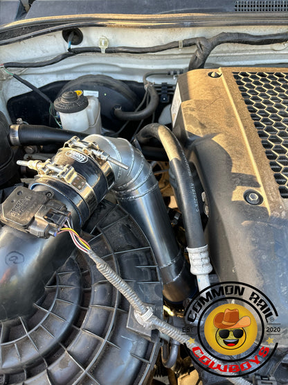 Common Rail Cowboys Hilux N70 Intake Pipe for standard turbo, showing the black intake pipe with fittings and engine connection details.
