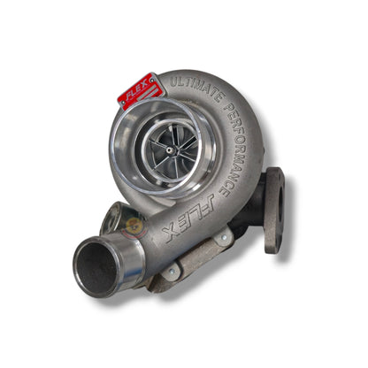 Flex Turbo Bolt-On F55 4JJ3 F55 turbocharger with visible turbine wheel and compressor housing for automotive performance.
