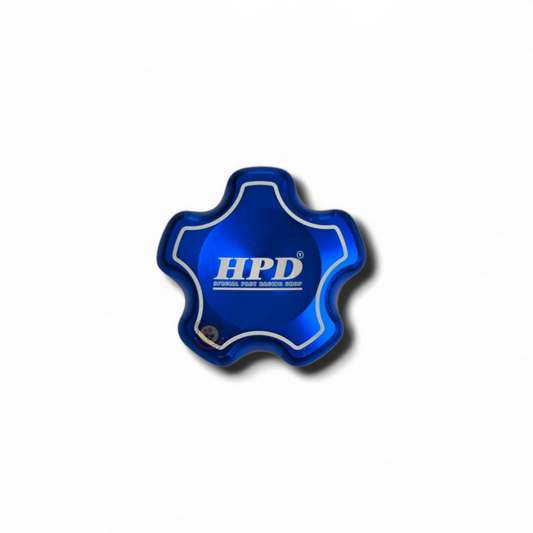 Close-up of HPD 1KD oil cap showing HPD engraving and blue anodised finish