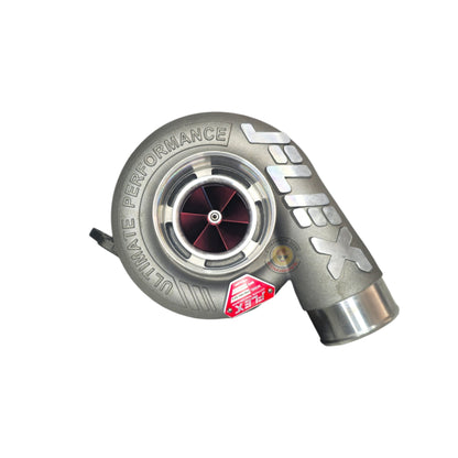Flex F66 Turbo turbocharger, showing metal turbine wheel and compressor housing with branding details on the Flex turbo.