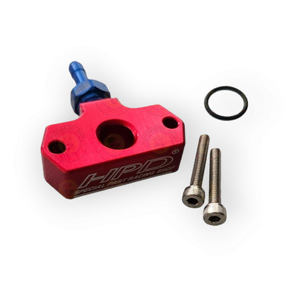HPD Special Parts HPD 4JJ1 Boost Gauge Adapter showing metal connector and threading for vehicle boost gauge installation.