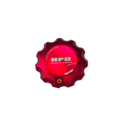 HPD 1KD & 1GD Coolant Reservoir Lid Cover from KD Bling Parts, shiny silver with engraved branding, designed for Toyota trucks.