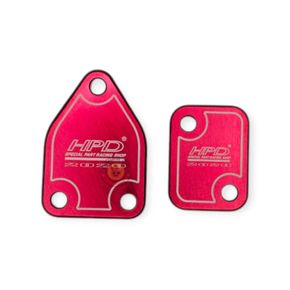 HPD 4JJ3 EGR Delete Plates for engine performance, showing black metal EGR delete plates with mounting holes.