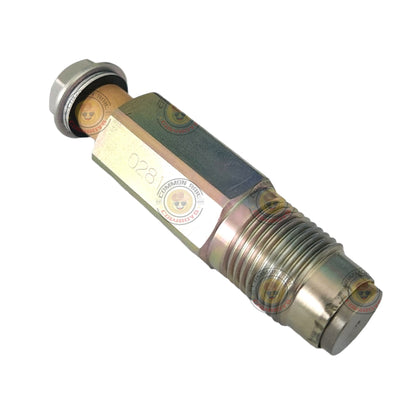 Denso 4JJ1 rail pressure relief valve for Isuzu, showing the metal component with threaded connection and pressure relief mechanism.