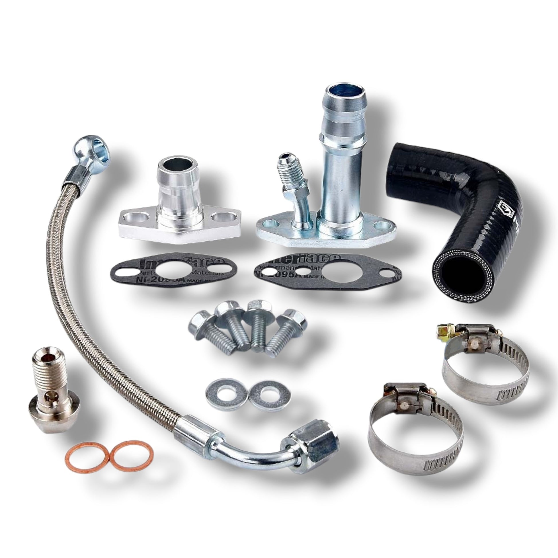 Common Rail Cowboys 1KD Turbo oil feed and drain line kit with upgraded fittings, showing flexible metal lines and connectors.