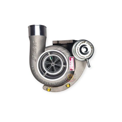 Flex Turbo Kits Flex Mini F55 Low-Mount Kit for N70 Hilux 1KD turbo system installed in a vehicle engine bay