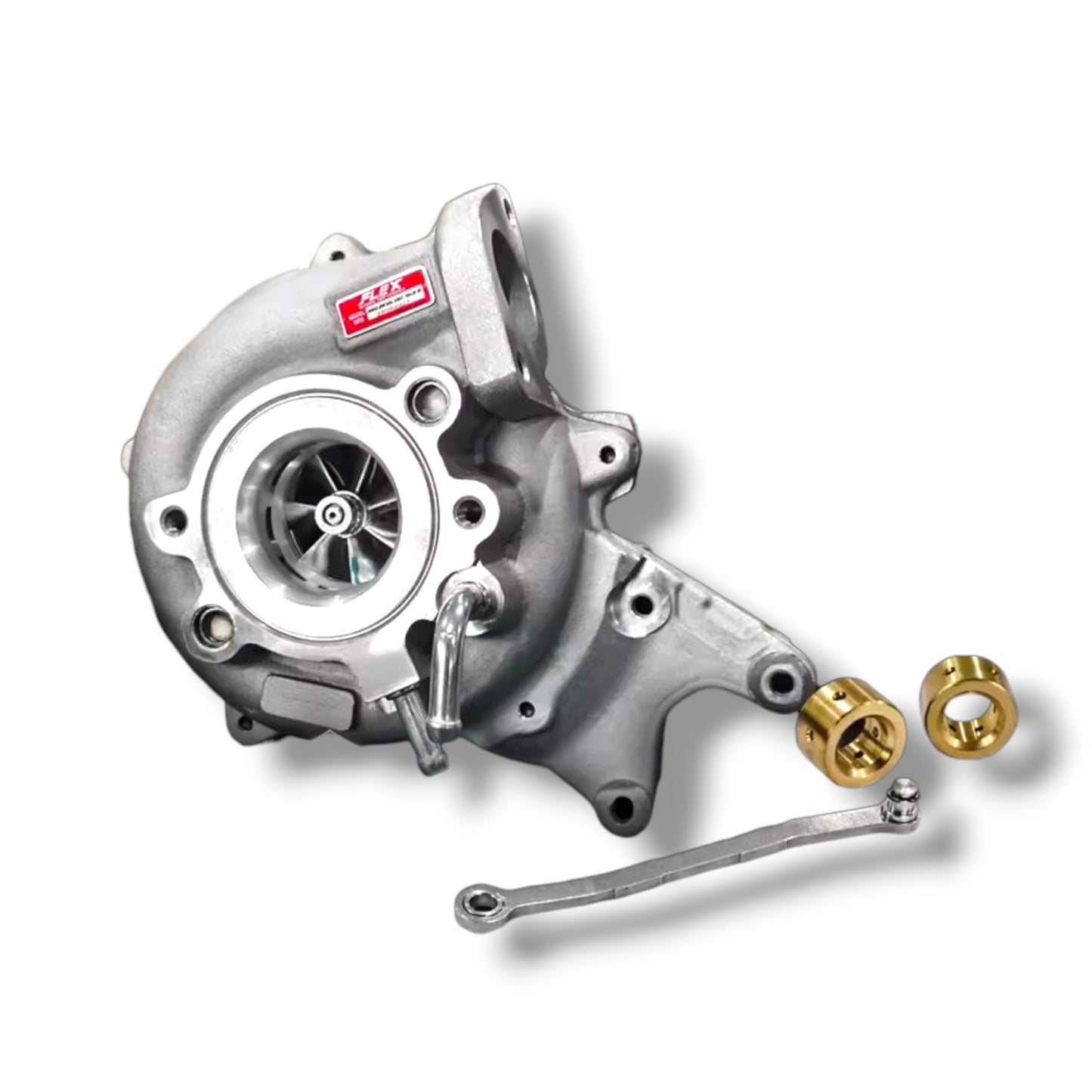 Common Rail Cowboys Flex Pro 43mm VNT turbo upgrade for Hilux N80 2015-2020, showing the turbo charger with compressor housing and turbine.