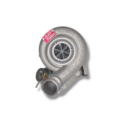 Flex Turbo Bolt-On F55 Turbo for vehicles, showing the sleek, metallic turbo component with branding details.