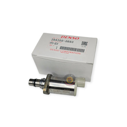 Denso 1VD Suction Control Valve (SCV) part 294200-0693, showing the metal and plastic components of the automotive fuel system part.