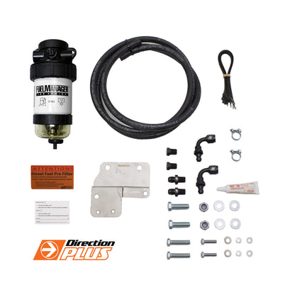 Direction Plus GU Patrol Fuel Manager Pre-Filter Kit for 2006-2018 vehicles, shown with filter components and hoses.
